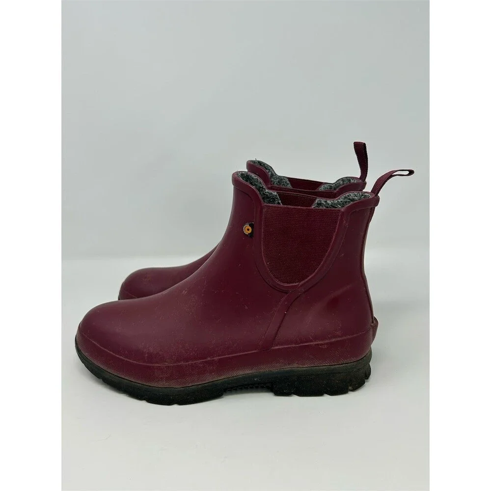 BOGS Chelsea Ankle Rain Boots Womens Burgundy Waterproof Pull-On Lug Sole 8